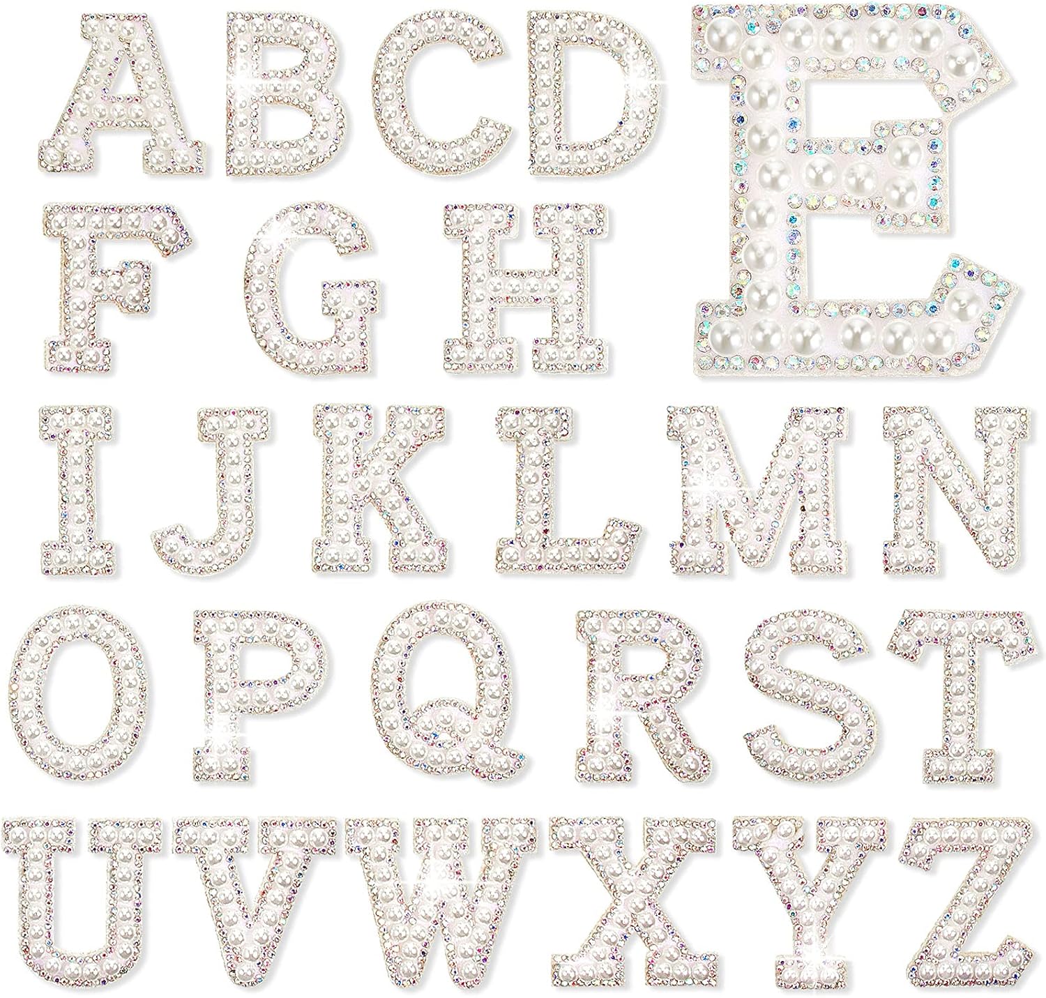 Chuangdi 26 Pcs Pearl Letters Rhinestone Patches Iron on A to Z White Adhesive Pearl Bling Patch Glitter Sew on Alphabet Applique Bling English Letter for Clothes Fabric DIY(1.85 Inch,White)